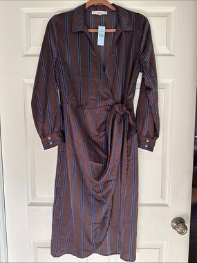 Loft Striped Brown Wrap Dress with Blue Accents size L petite